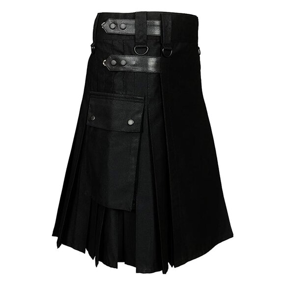 Irish black utility Kilt with Adjustable Leather Men Kilt  Traditional Mens Kilt - Picture 1 of 10